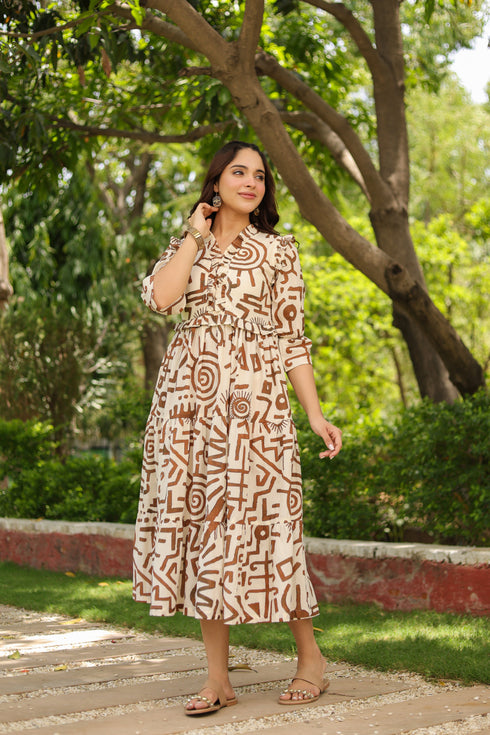 Women Abstract Printed Pure Cotton Tiered Fit & Flare Midi Dress
